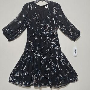 DKNY Dress 6 Black Multicolor Vneck Long Sleeves Knee-length Ruched Waist 0717